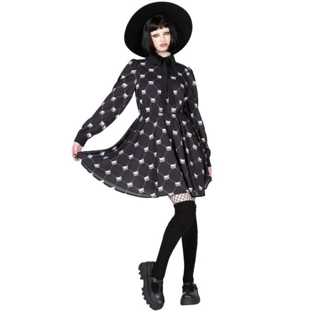 Killstar Goth Bear Bone Print Skater Dress Black White Size Small Long Sleeve